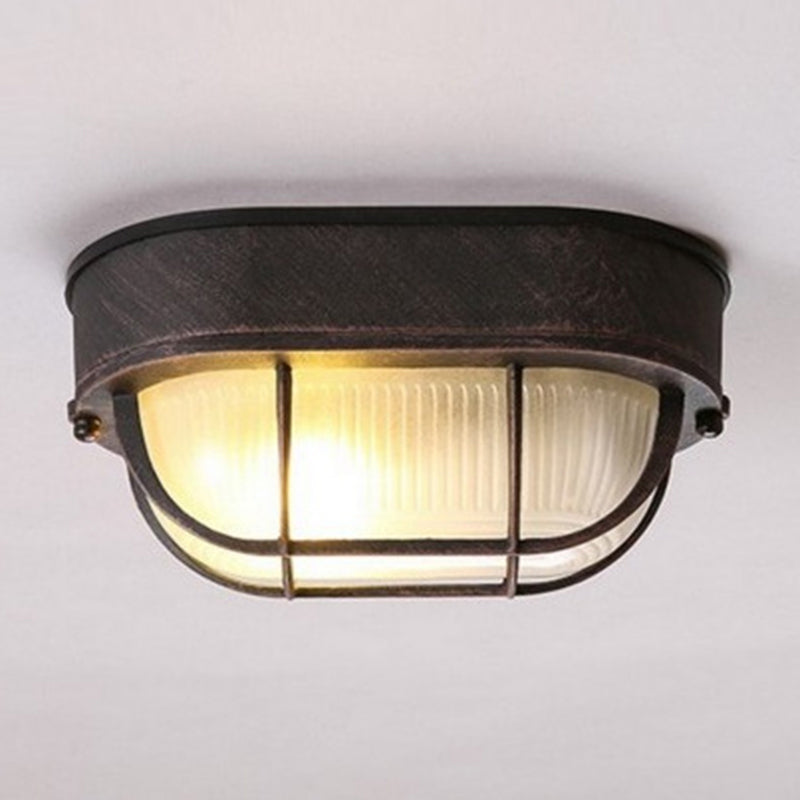 Single-Bulb Oval Flush Light Industrial Frosted White Rib Glass Wall Lamp Ceiling Light for Outdoor