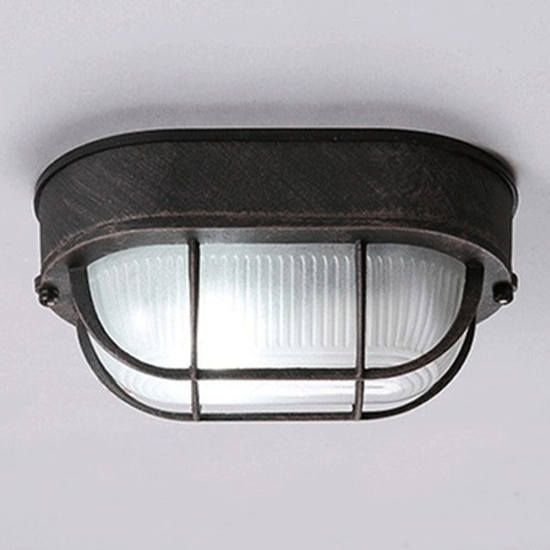 Single-Bulb Oval Flush Light Industrial Frosted White Rib Glass Wall Lamp Ceiling Light for Outdoor