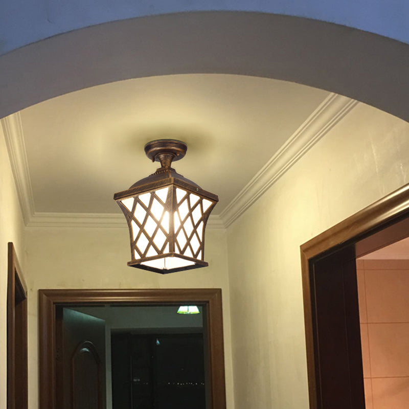 Vierkant matwit glazen plafondlamp Traditioneel 1-lamps binnenplaats semi-inbouwlicht