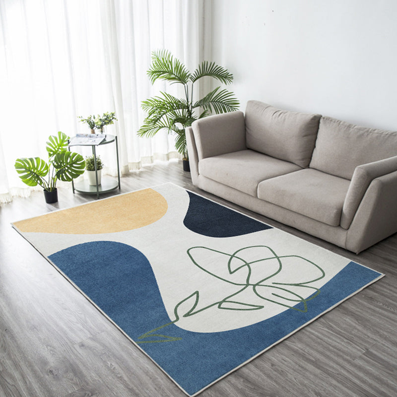 Dark Green Modern Rug Polyester Leaves Rug Non-Slip Backing Rug for Living Room