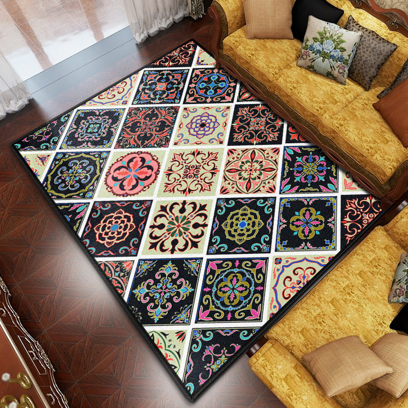 Purple Antique Rug Polyester Flower Area Rug Washable Rug for Drawing Room