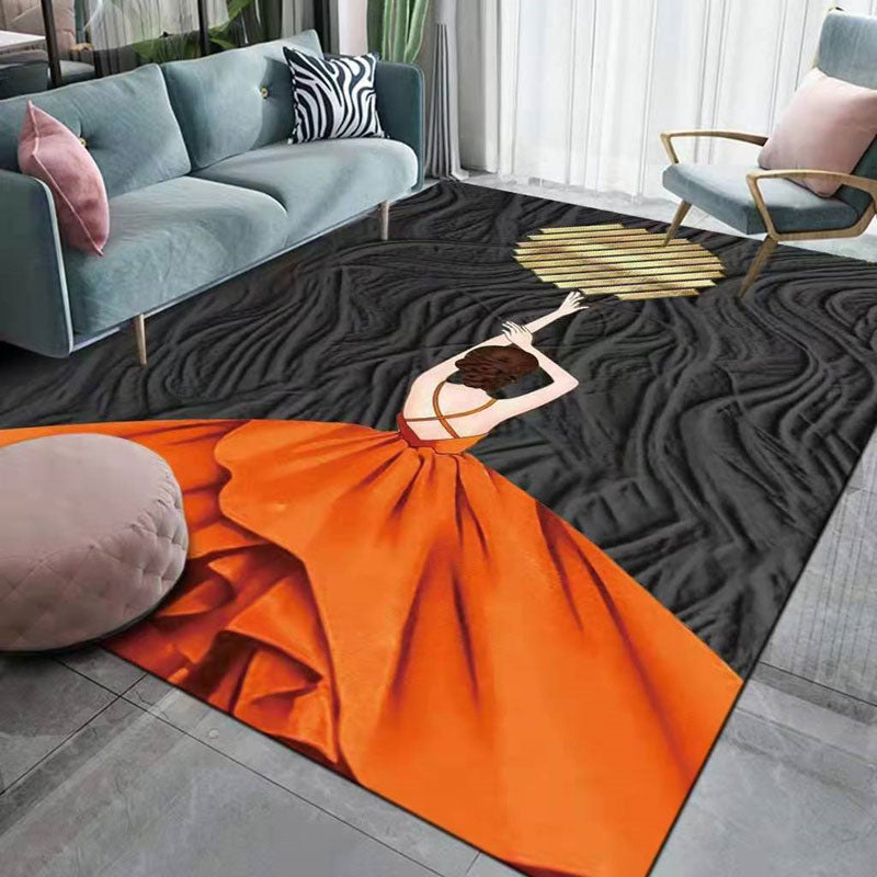 Orange Modern Rug Polyester Girl Rug Non-Slip Backing Rug for Living Room