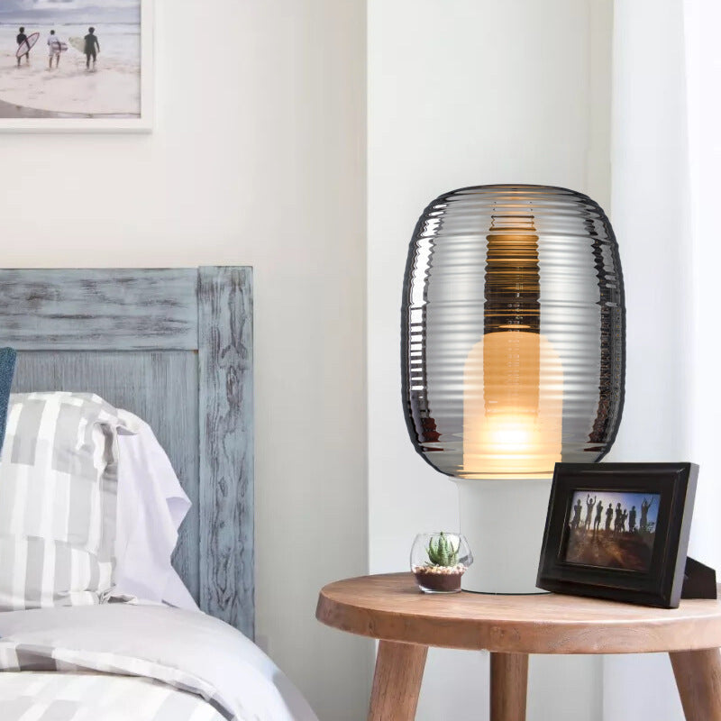 Modern Creative Drum Table Lamp Wrought Iron Desk Lamp with Glass Shade