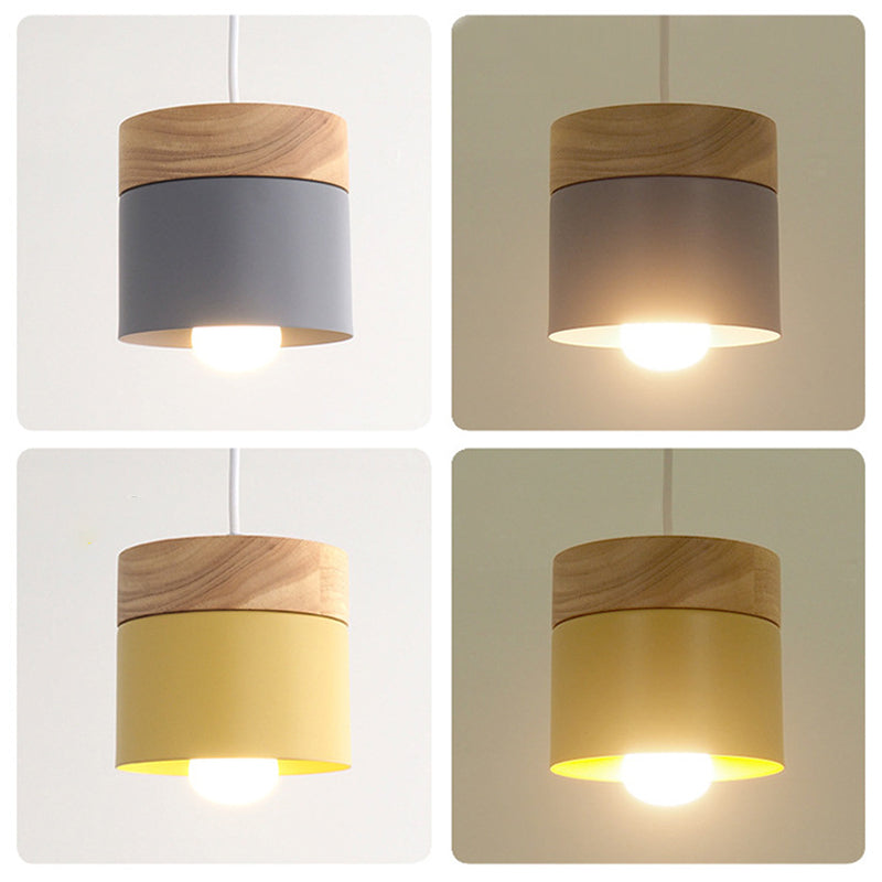 Wooden Cylindrical Hanging Lamp in Modern Creative Style Lacquered Iron Macaron Pendant Light