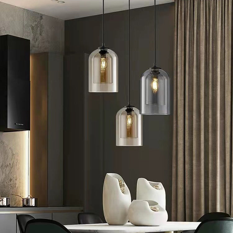 Luz de colgante de campana de vidrio doble en la moderna lámpara colgante de hierro forjado de estilo de lujo para espacios interiores