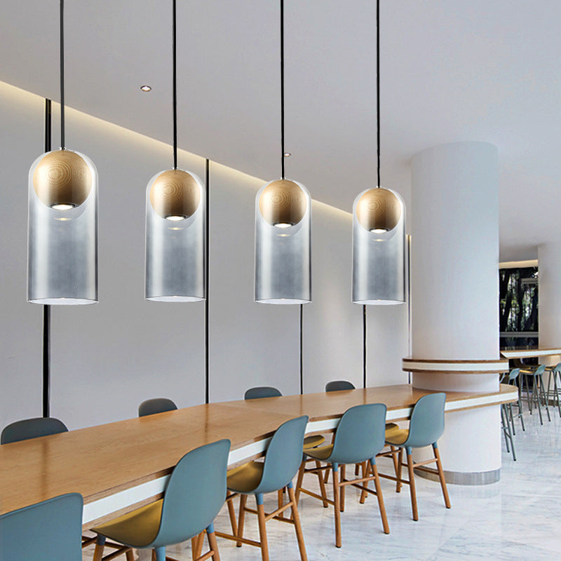 Modern Artistic LED Pendant Light Wooden Bell Hanging Lamp with Gray Glass Shade