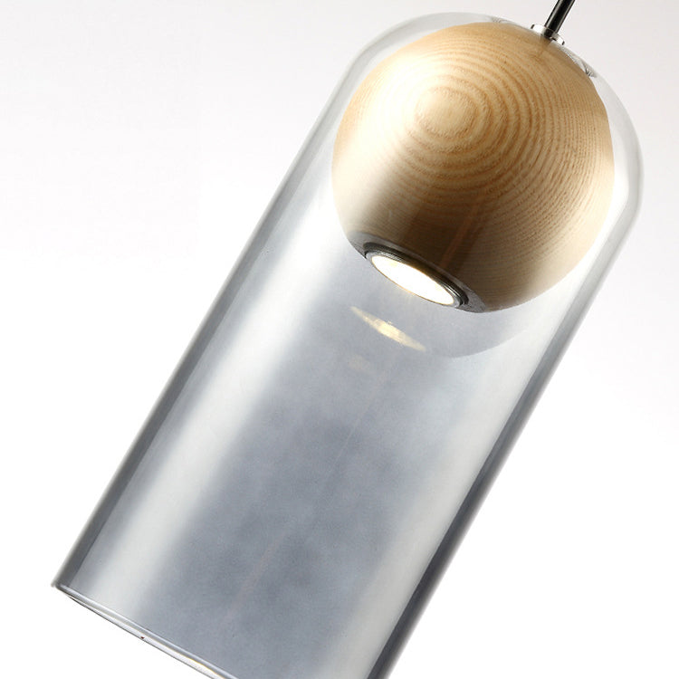 Modern Artistic LED Pendant Light Wooden Bell Hanging Lamp with Gray Glass Shade