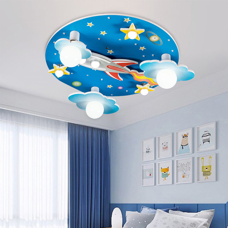 Blue Rocket Flush Mount Ceiling Fixture Contemporary Wood LED Ceiling Lighting for Kids