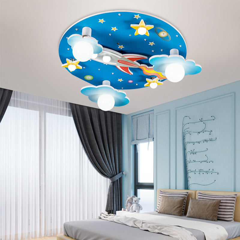 Blue Rocket Flush Mount Ceiling Fixture Contemporary Wood LED Ceiling Lighting for Kids