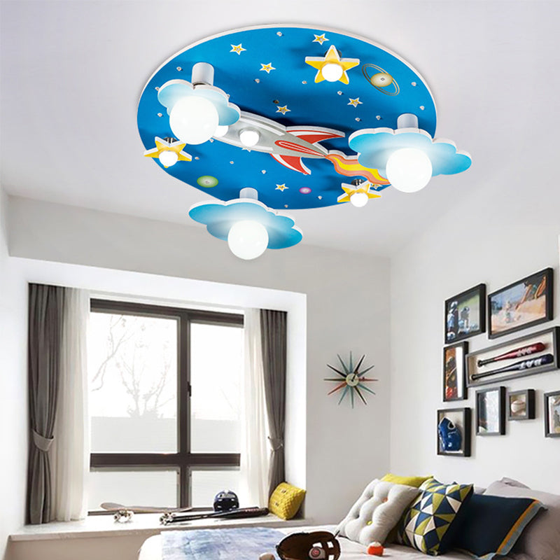 Blue Rocket Flush Mount Ceiling Fixture Contemporary Wood LED Ceiling Lighting for Kids