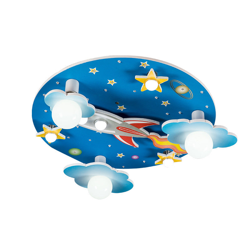 Blue Rocket Flush Mount Ceiling Fixture Contemporary Wood LED Ceiling Lighting for Kids