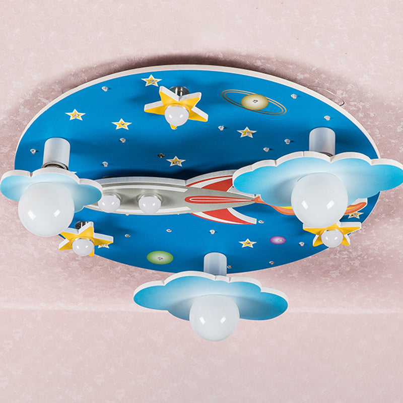 Blue Rocket Flush Mount Ceiling Fixture Contemporary Wood LED Ceiling Lighting for Kids