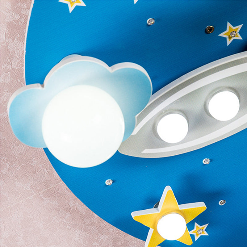 Blue Rocket Flush Mount Ceiling Fixture Contemporary Wood LED Ceiling Lighting for Kids