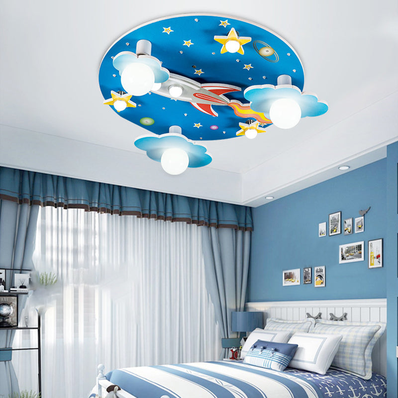 Blue Rocket Flush Mount Ceiling Fixture Contemporary Wood LED Ceiling Lighting for Kids