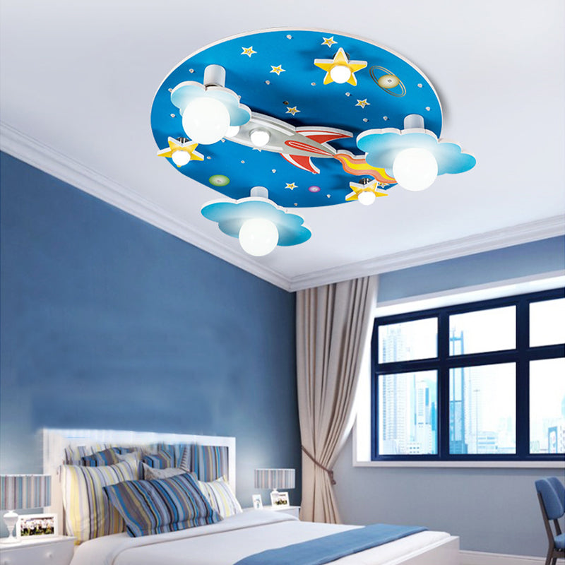 Blue Rocket Flush Mount Ceiling Fixture Contemporary Wood LED Ceiling Lighting for Kids