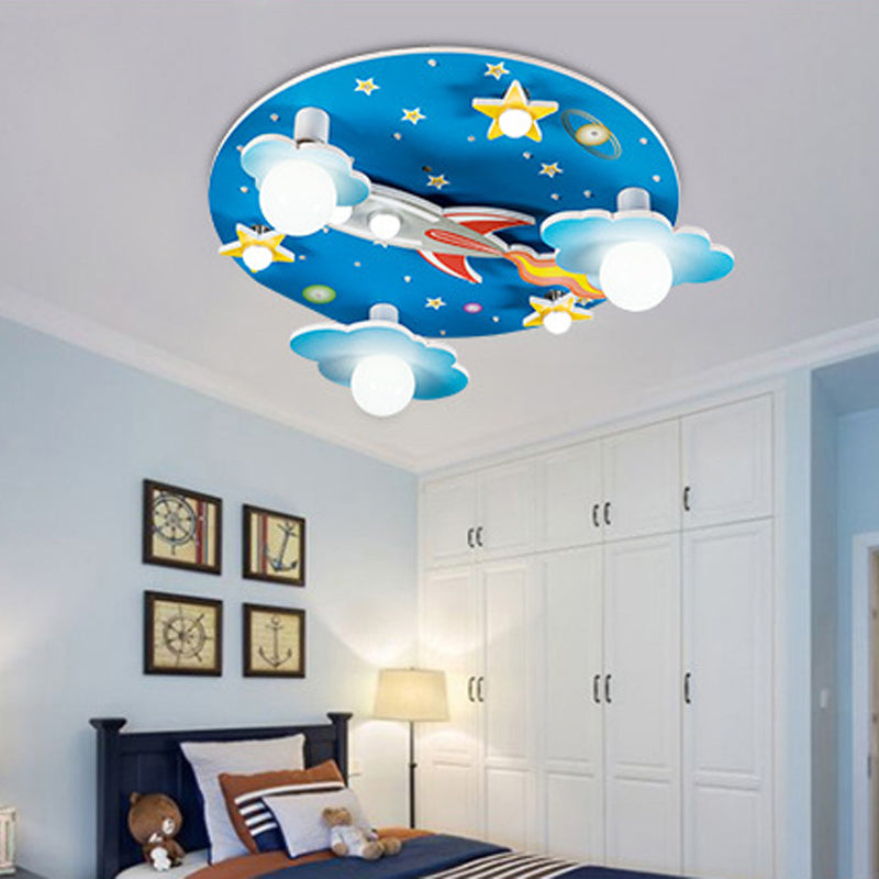 Blue Rocket Flush Mount Ceiling Fixture Contemporary Wood LED Ceiling Lighting for Kids