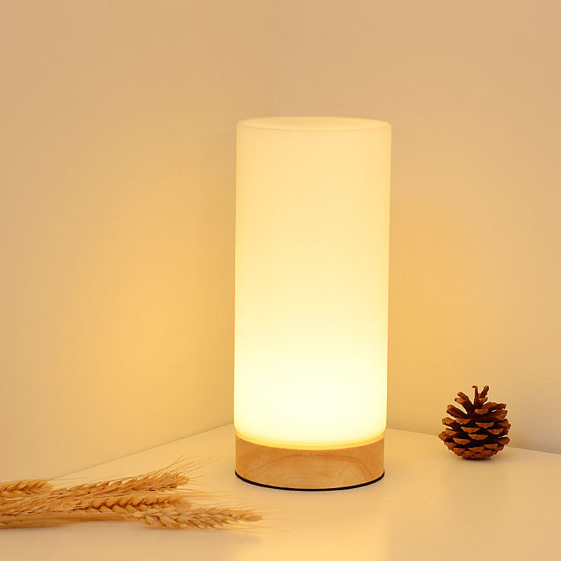 Cylindrical Night Table Lamps Modern 1-Light Nightstand Lights with White Glass Shade