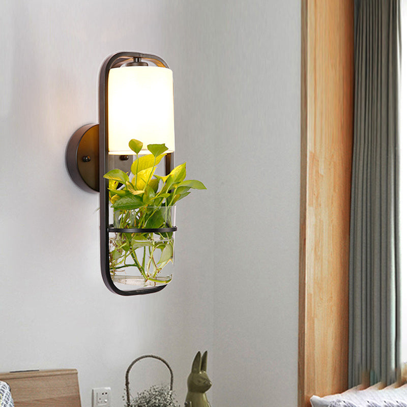 Black 1 Bulb Sconce Shade Vintage Metal Rectangle LED Wall Lamp with Plant Container for Bedroom
