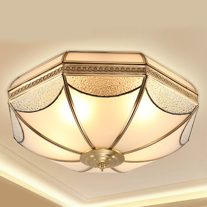 Glass Brass Ceiling Fixture in Colonial Style Copper Bowl Flush Mount for Interior Spaces