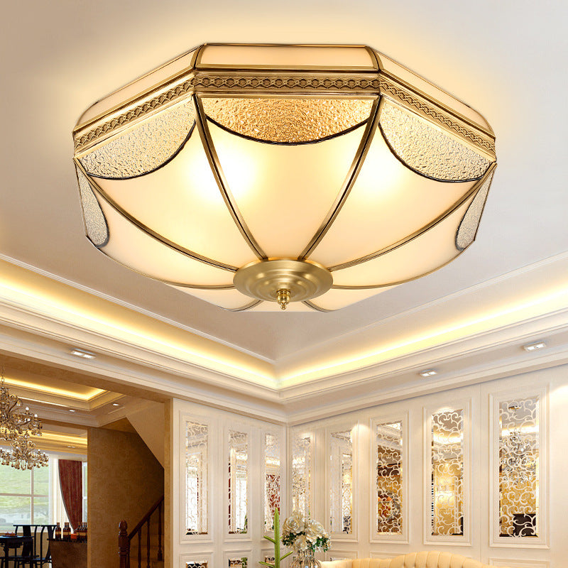 Glass Brass Ceiling Fixture in Colonial Style Copper Bowl Flush Mount for Interior Spaces