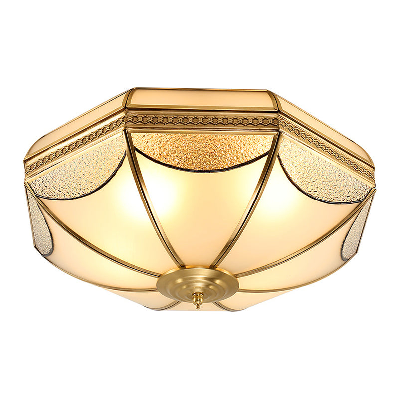 Glass Brass Ceiling Fixture in Colonial Style Copper Bowl Flush Mount for Interior Spaces