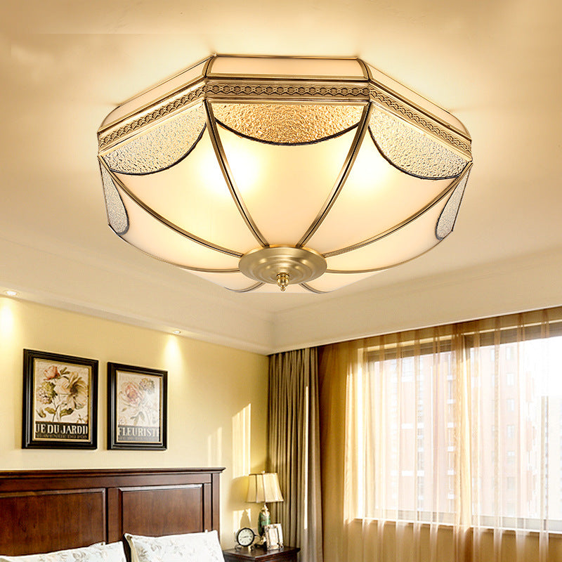 Glass Brass Ceiling Fixture in Colonial Style Copper Bowl Flush Mount for Interior Spaces