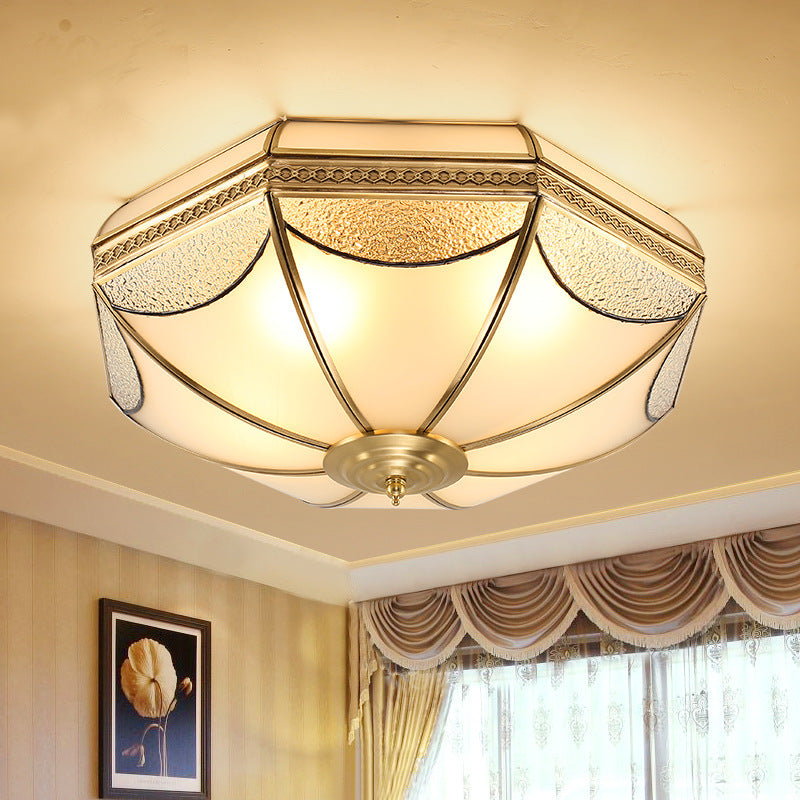 Glass Brass Ceiling Fixture in Colonial Style Copper Bowl Flush Mount for Interior Spaces