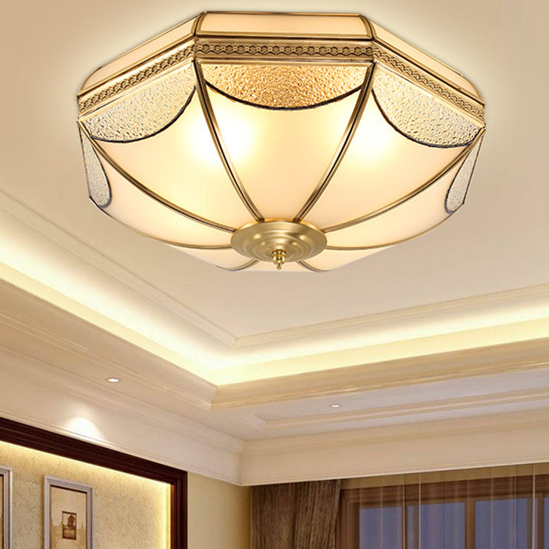 Glass Brass Ceiling Fixture in Colonial Style Copper Bowl Flush Mount for Interior Spaces