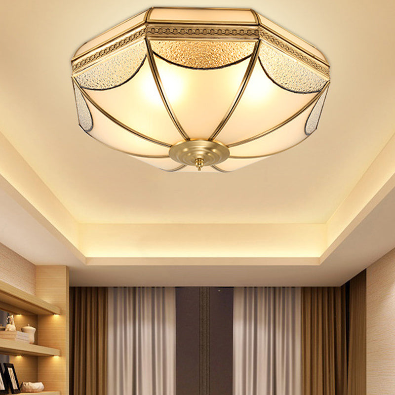 Glass Brass Ceiling Fixture in Colonial Style Copper Bowl Flush Mount for Interior Spaces