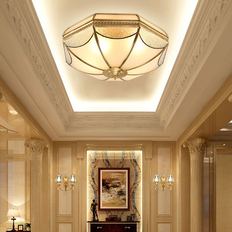 Glass Brass Ceiling Fixture in Colonial Style Copper Bowl Flush Mount for Interior Spaces