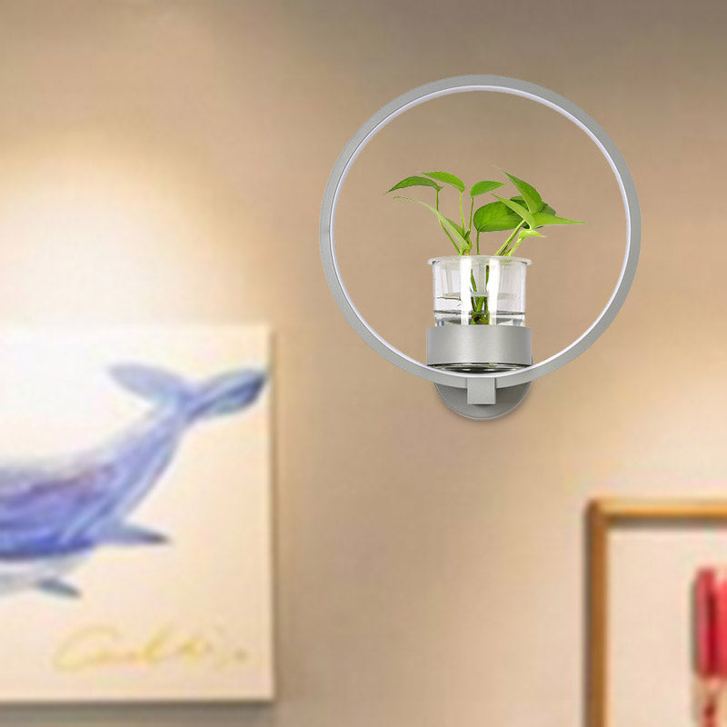 1 Head Metal Sconce Lighting Fixture Antique Black/Grey/White Circular Bedroom Wall Mount Light with Plant Cup
