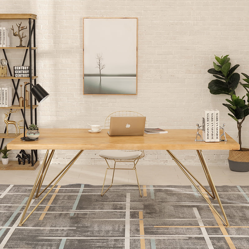 Traditional Luxury Rectangle Dining Room Table Pine Solid Wood Table with 4 Gold Legs