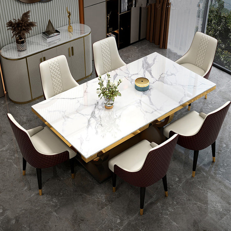 Traditional Luxury Marble Dining Table Rectangle Table with Gold Stainless Steel Pedestal