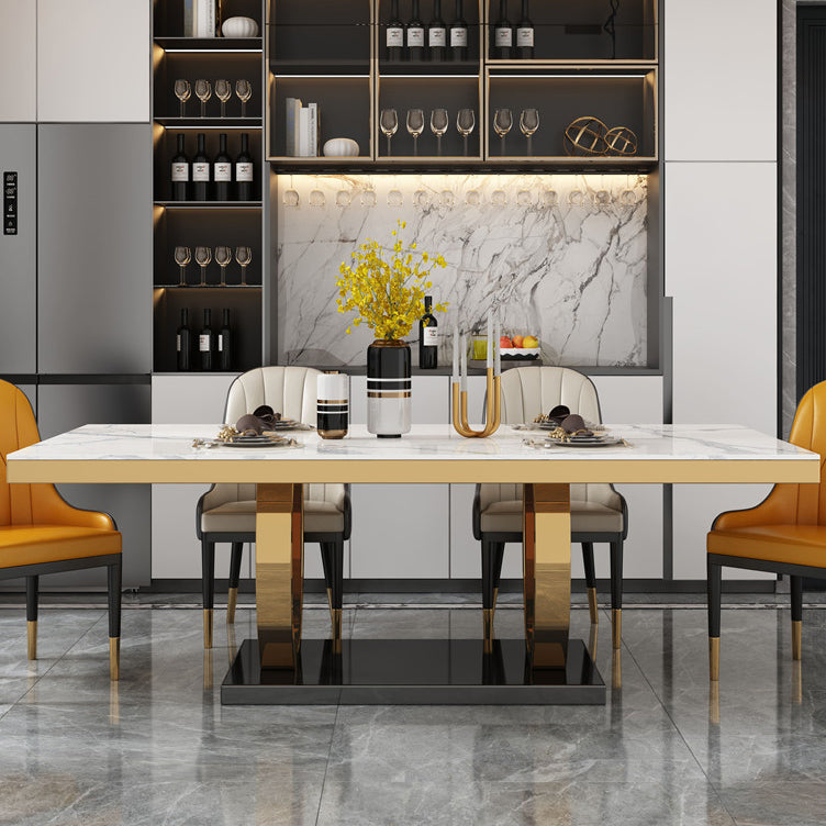 Traditional Luxury Marble Dining Table Rectangle Table with Gold Stainless Steel Pedestal
