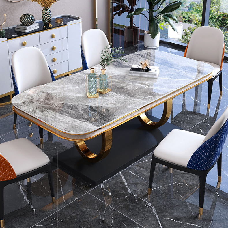 Traditional Luxury Sintered Stone Top Dining Table Rectangle Table with Metal Pedestal