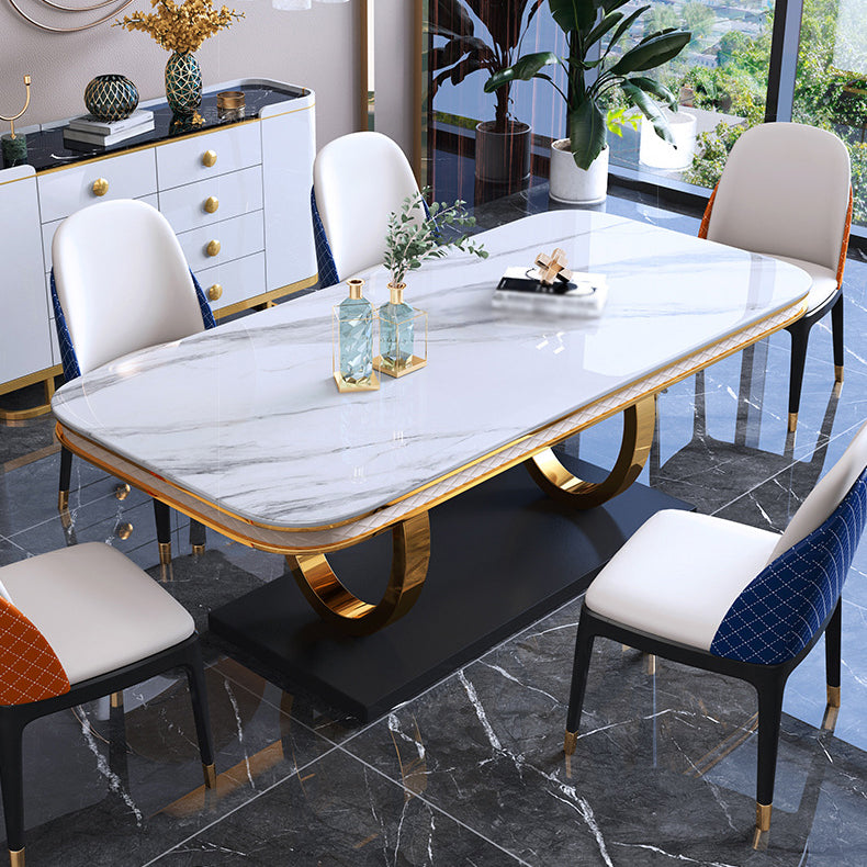 Traditional Luxury Sintered Stone Top Dining Table Rectangle Table with Metal Pedestal