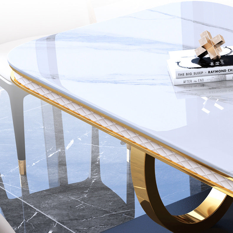 Traditional Luxury Sintered Stone Top Dining Table Rectangle Table with Metal Pedestal