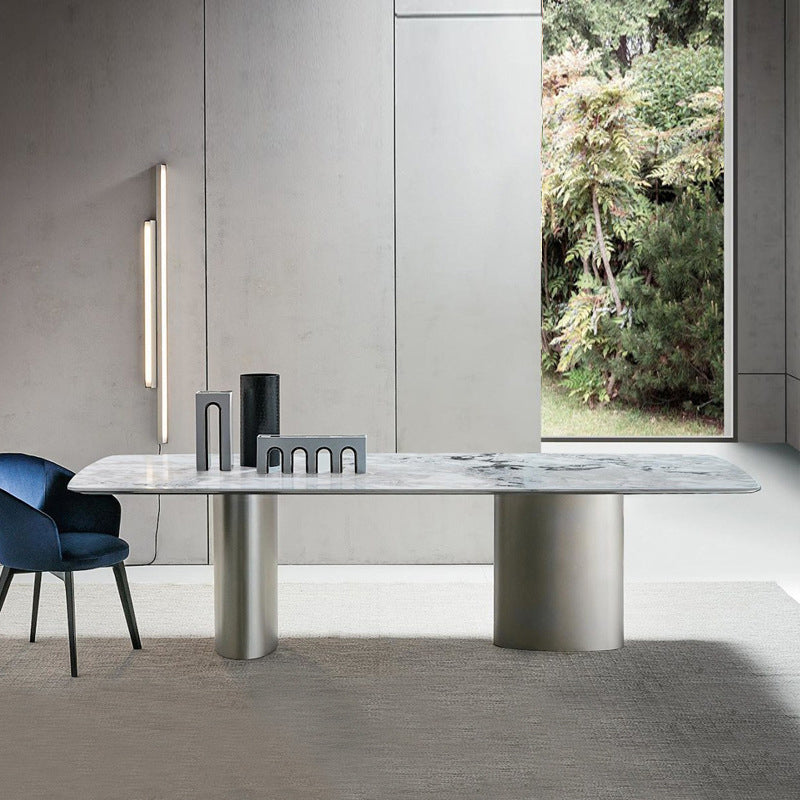 Mesa de comedor rectangular de lujo tradicional de metal Mesa de piedra sinterizada con patas de metal