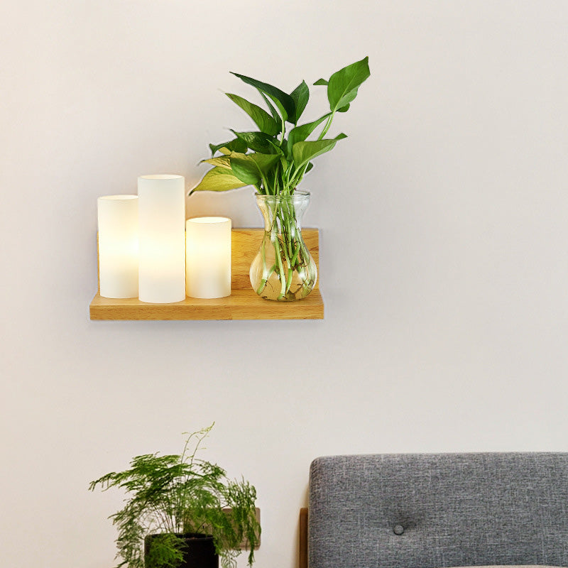 Opal Glass Cylinder Wall Lighting Industrial 1 Bulb Bedroom LED Wall Sconce Lamp in Wood, Left/Right