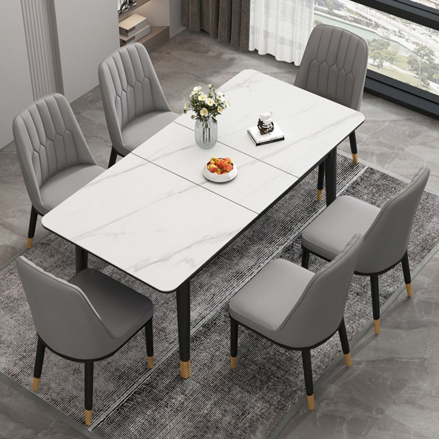 Extendable Sintered Stone Dining Table in White Modern Table with 4 Legs for Restaurant