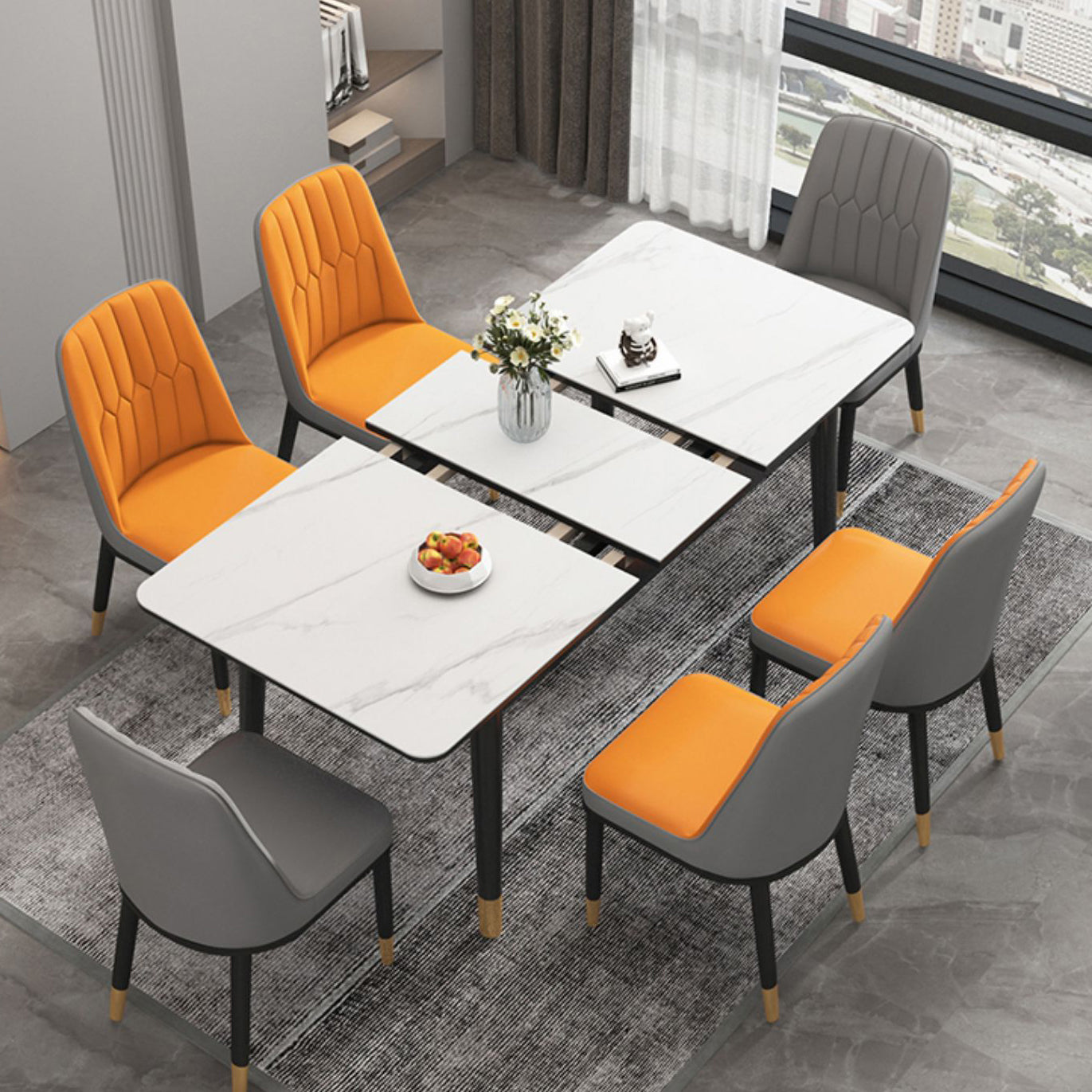 Extendable Sintered Stone Dining Table in White Modern Table with 4 Legs for Restaurant