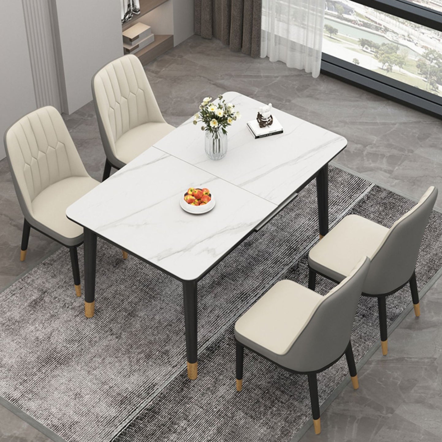 Extendable Sintered Stone Dining Table in White Modern Table with 4 Legs for Restaurant