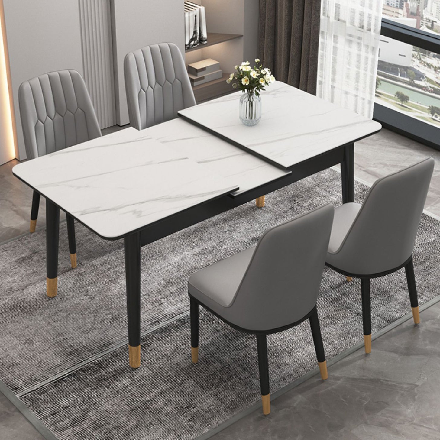 Extendable Sintered Stone Dining Table in White Modern Table with 4 Legs for Restaurant
