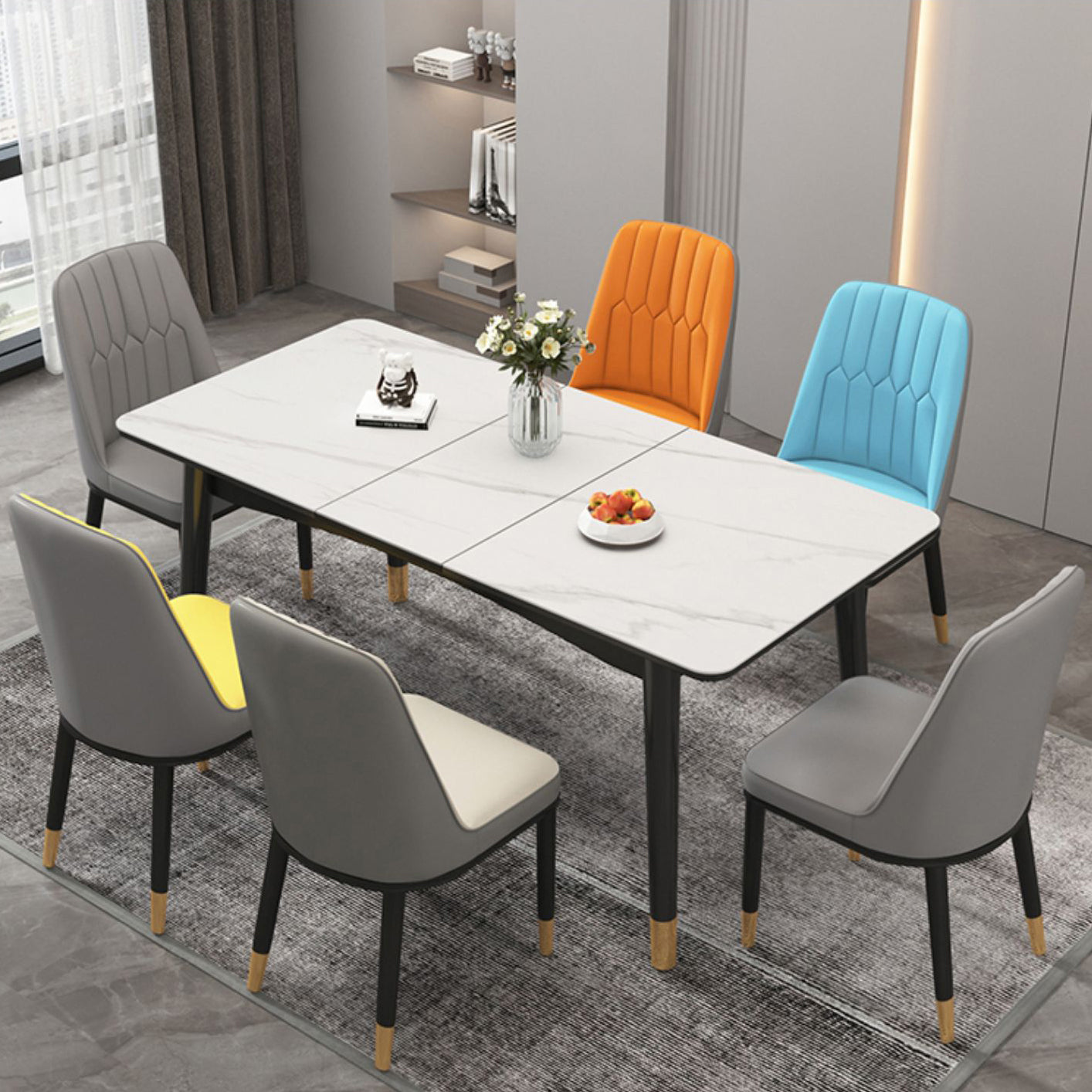 Extendable Sintered Stone Dining Table in White Modern Table with 4 Legs for Restaurant
