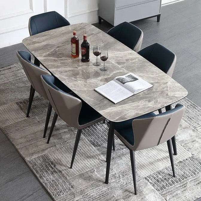 Mesa de comedor rectangular contemporánea de metal mesa de piedra sinterizada gris con patas de metal