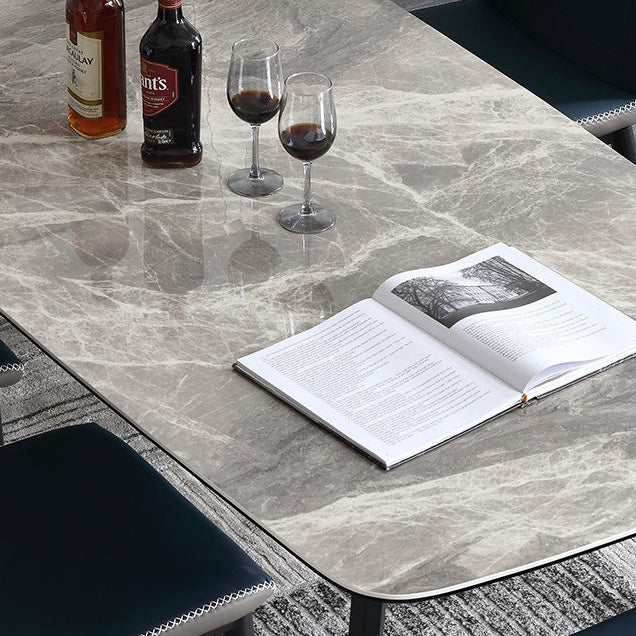 Mesa de comedor rectangular contemporánea de metal mesa de piedra sinterizada gris con patas de metal