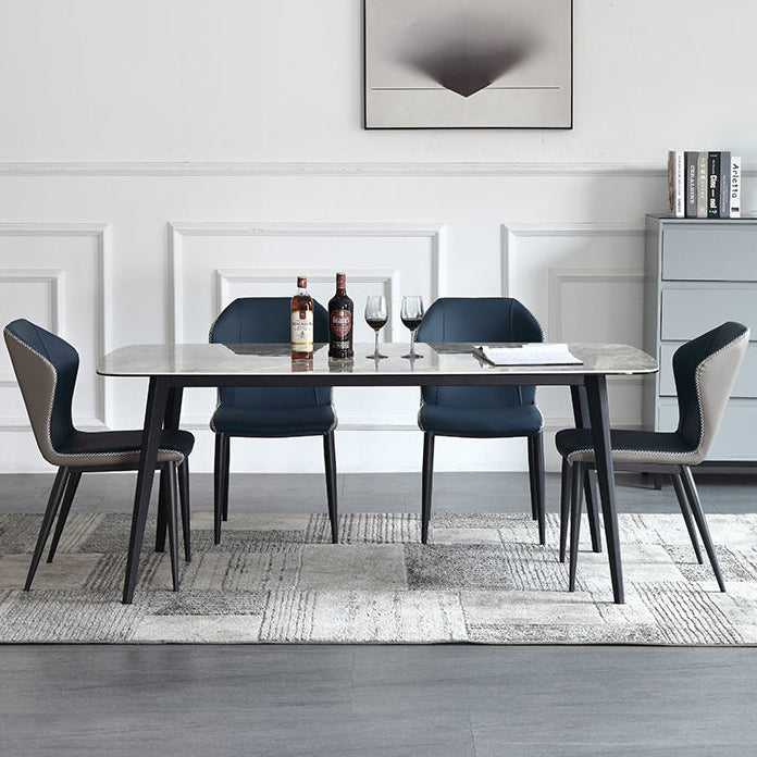 Mesa de comedor rectangular contemporánea de metal mesa de piedra sinterizada gris con patas de metal