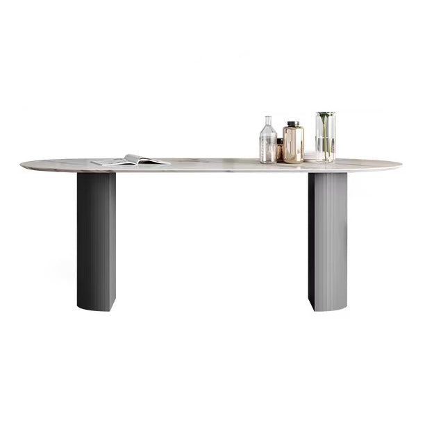 Oval gesinterde stenen eettafel moderne tafel in wit met metalen dubbele voetstuk voor restaurant