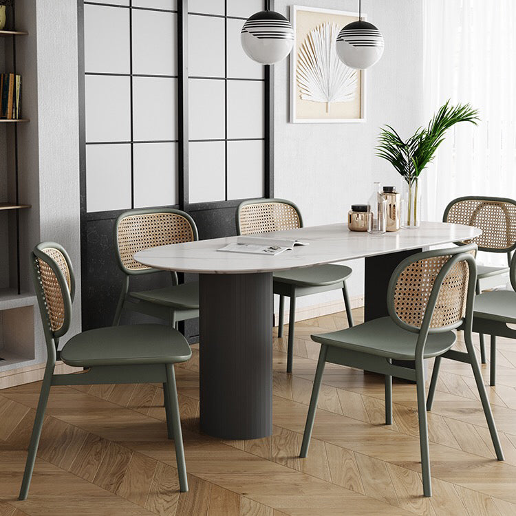 Oval gesinterde stenen eettafel moderne tafel in wit met metalen dubbele voetstuk voor restaurant