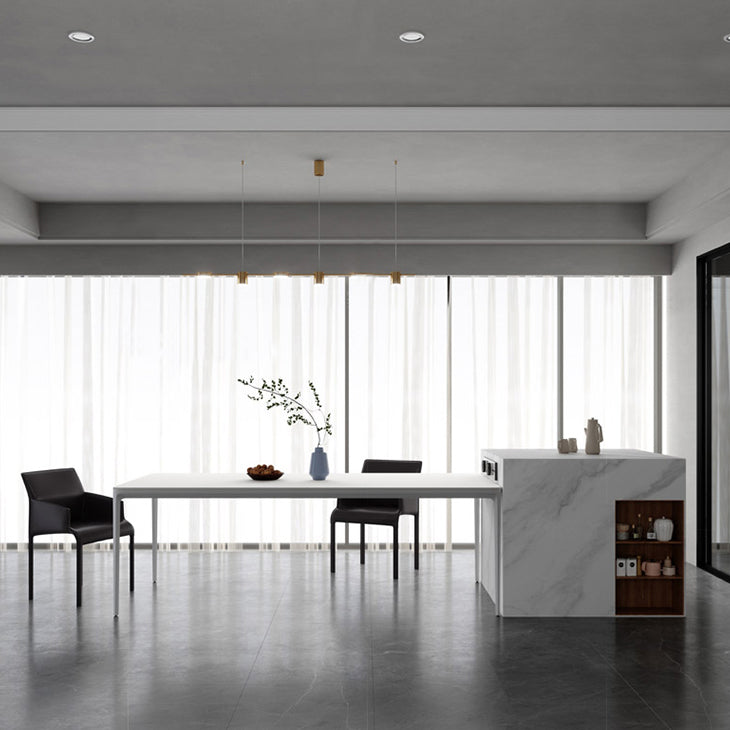 Metal Contemporary Rectangular Dining Table High Gloss White Sintered Stone Table with Metal Legs